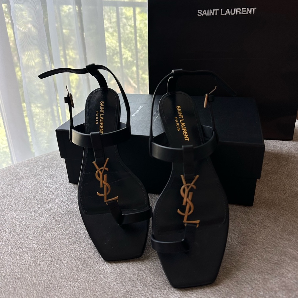Saint Laurent Black Sandals with Gold Logo